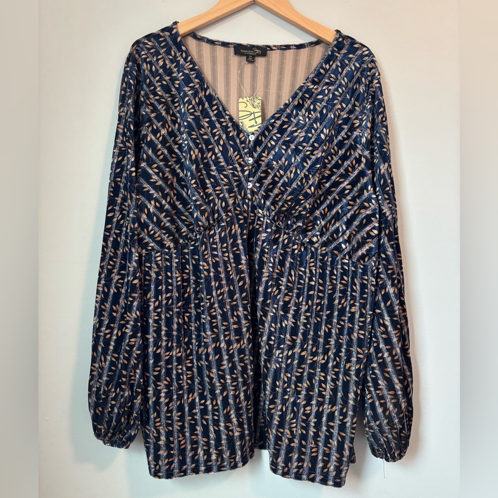 Suzanne Betro Blue and Gold Velvet Long Sleeve Shirt